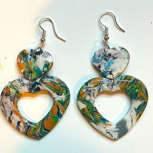 NEW Green Faux Stone Swirl Double Heart Polymer Clay Dangle Earrings